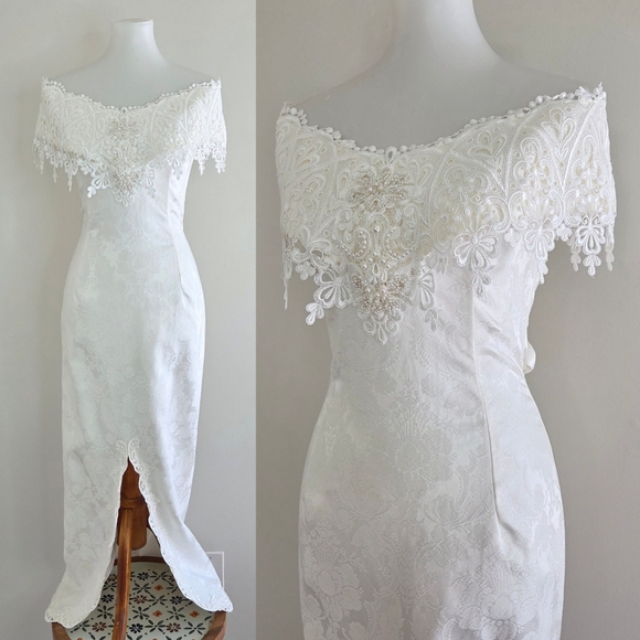 Vintage Dresses & Skirts - Jessica McClintock Vintage Lace Jacquard Brocade Wedding Dress Bridal Medium